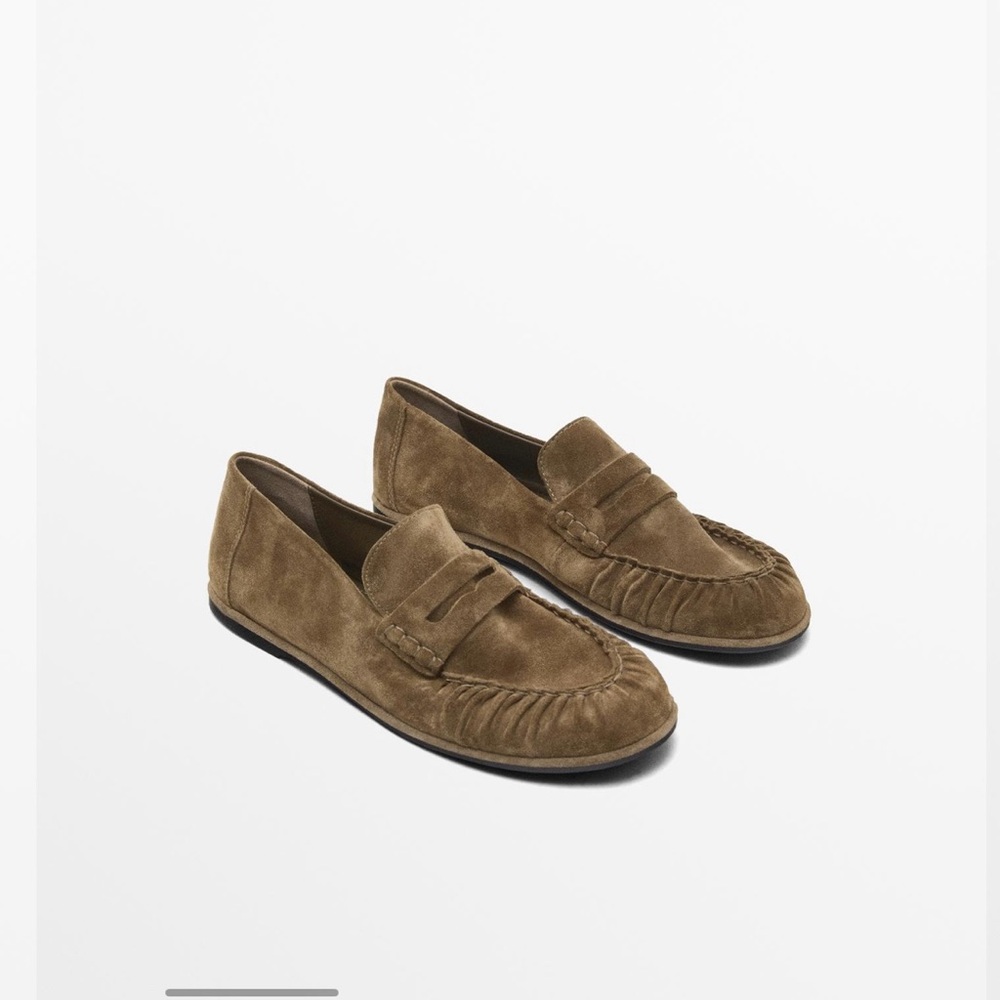 Massimo Dutti Gathered Split Leather Loafers Taupe Suede Size 6 NWB